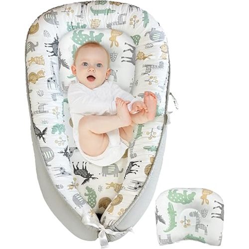JIFTOK Baby Nests Lounger for Newborn, Snuggle Sleeping Bassinet for 0-24M, Breathable Portable Co Sleeping Bed, Baby Essentials Adjustable Infant Soft Cotton Loungers for Home & Travel -Zoo