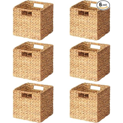 SpaceAid 6 Pack Wicker Basket, Storage Baskets for Organizing, Woven Rattan Basket with Handles for Shelves, Water Hyacinth Large Cube Organizer Storage Bin, 10.5x10.5x10.5 inch, Natural
