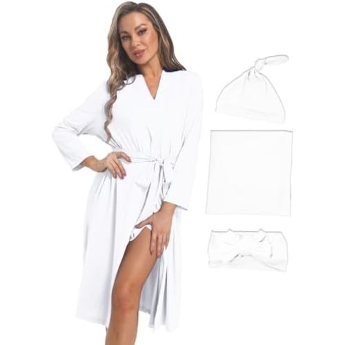 QTECLOR Maternity Robe with Matching Swaddle Blanket Set,Maternity Barhrobe Delivery Labor Robe for Hospital Women Dress