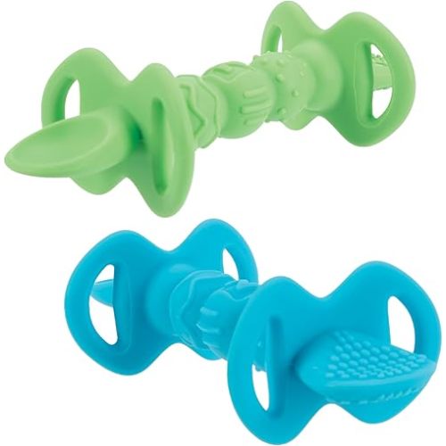 Nuby Dipeez 2-in-1 Silicone Spoons & Dipper for Self-Feeding - 2 Pack - Toddler Utensils with Easy Grip Handles - 12+ Months - Blue/Green