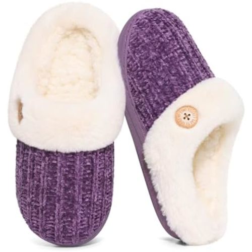 Evshine Warm Knit House Slippers for Women Comfy Wool-Like Lined Chenille Slippers with Memory Foam and Indoor Outdoor Soles