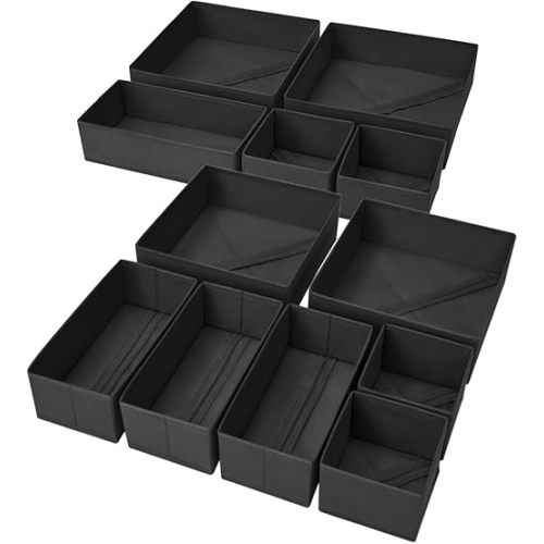 DIMJ Clothes Drawer Organizer, 12 Packs, Foldable Underwear Organizer for Baby Clothes, Tie, Bra, Sock (Black)