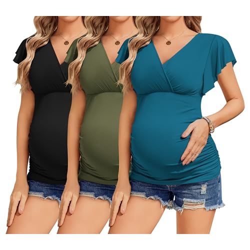 Ekouaer Women's Maternity Shirts 3 Packs Nursing Tops Flying Short Sleeve Breastfeeding Tees Side Ruched Pregnancy Clothes