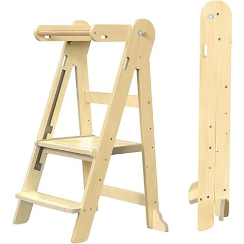 Grownsy Foldable Step Stool Toddler Tower, Toddler Kitchen Stool Helper, Collapsible Kids Standing Tower with 3 Adjustable Heights for Kitchen Bathroom Sink Counter (Natural)