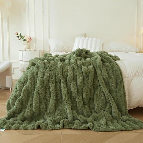 MEGO Soft Throw Blanket 50x60, Faux Rabbit Fur Ribbed Jacquard, Sage Green