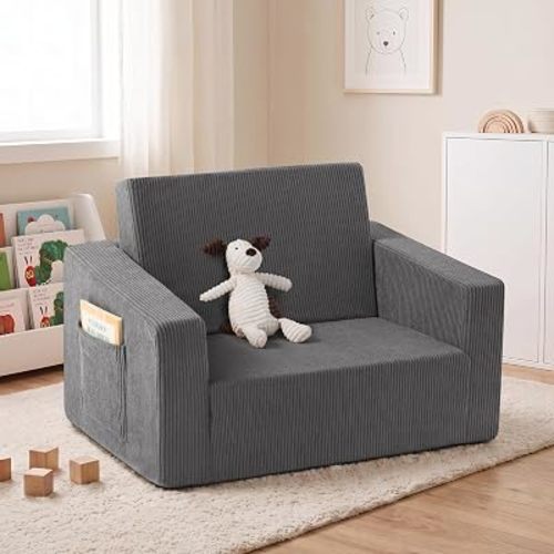 2-in-1 Kids Chair and Couch, Larger Cozy Corduroy Kids Sofa, Grey
