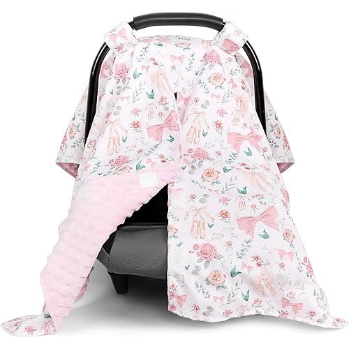 Baby Car Seat Cover, Soft Minky Warm Winter Car Seat Canopy for Infants & Toddlers, Opening with Adjustable Strap, Breathable Nursing Cover & Stroller Blanket, Pink Flowers (Fits Most Car Seats)
