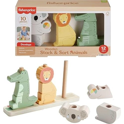 Fisher-Price Wood Baby Toy Stack & Sort Animals, 10 Wooden Pieces for Developmental Play for Infants & Toddlers Ages 1+ Years