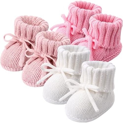Evervibe 3 Pair 100% Cotton Knitted Baby Booties Newborn