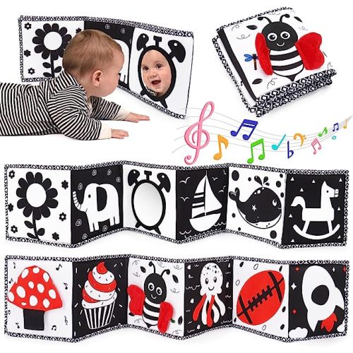 Black and White High Contrast Toys for Baby 0-3 3-6 months Infant Tummy Time Soft Book Sensory Musical Toy 0-2-4-6 month Babies Brain Development Crinkle Book Mirror Newborn Shower Gifts Boys Girls