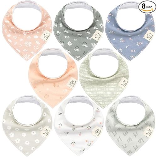 KeaBabies 8-Pack Organic Baby Bandana Bibs for Drooling and Teething - Super Absorbent Triangle Baby Drool Bibs for Girls, Boys, 100% Cotton Extra Soft for Newborn, Infant 0-36 Months (Fleur)
