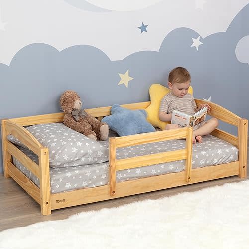 Ocodile Toddler Bed with Rails | Low Montessori Floor Bed for Kids | Standard Crib Size Wooden Frame for Independent Toddlers 1-3 - Varnished