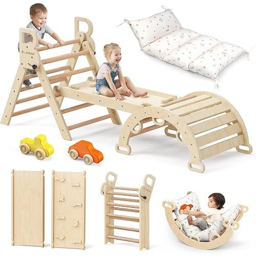 BlueWood Pikler Triangle Set with Cushion - Climbing Toys for Toddlers 9-in-1, Montessori Philosophy Play Jungle Gym with Arch, Ramp, Ladder (Natural Color)