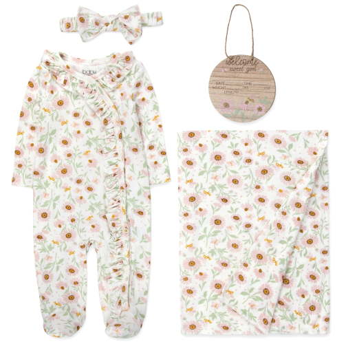 Baby Essentials 0 Months Newborn Girls Romper Footie Gift Set with Headband, Blanket & Wooden "Welcome Sweet Girl" Announcement Sign in Daisy Pink