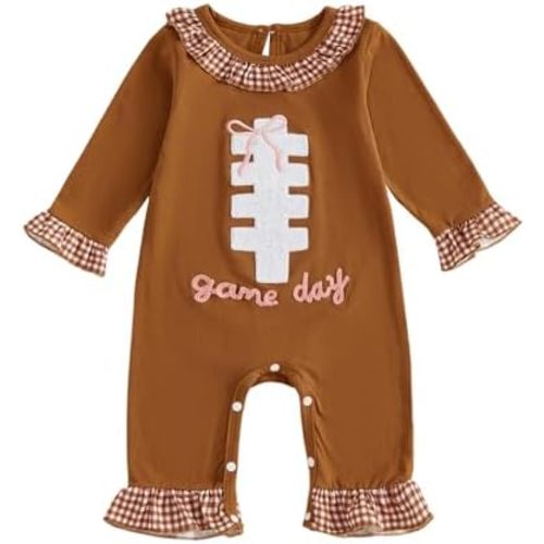 Newborn Baby Girl Football Outfit Game Day Rugby Long Sleeve Romper Ruffle Jumpsuit Infant Fall Winter Clothes
