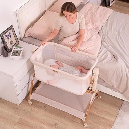 Ezebaby Baby Bassinets Bedside Sleeper, 3-in-1 Rocking Bassinet for Baby with Comfy Mattress and Wheels, Full-Mesh Sides, 7-Height Adjustable Portable Bedside Crib for Newborn Infant