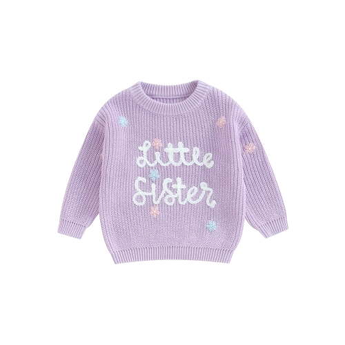 Infant Baby Girl Big Little Sis Matching Sweater FloralLetter Embroidery Long Sleeve Pullover Fall Winter Top Clothes