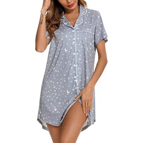 Senert Nightgown for Women Sleep Shirt Short Long Sleeve Sleepwear Boyfriend Nightshirt Button Down Pajama Dress S-XXL