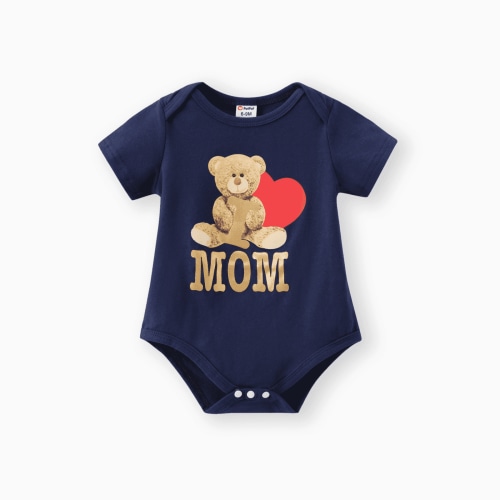 PatPat Mommy & Me Baby Clothes Boy/Girl Bear Style 95% Cotton Bear & Letter Print Bodysuit Blue 3-6 Months