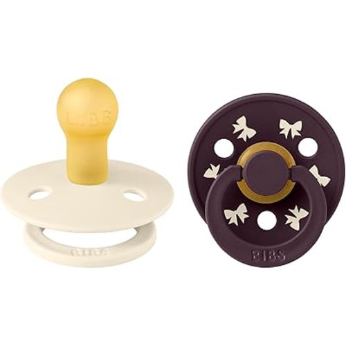 BIBS Colour Holiday Pacifier 2-Pack, BPA Free Pacifier, Round Nipple. Natural Rubber Latex, Made in Denmark, Size 1 (0-6 Months), Ivory/Plum
