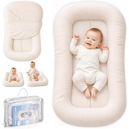 KEST NEST Infant Support Cushion - Breathable Cotton Baby Support Cushion for Babies 0-24 Months, Portable Tummy Time Mat for Home & Travel, Machine Washable, Perfect Baby Registry Gift, White