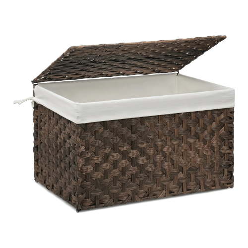 Unbranded Large Wicker Storage Basket with Lid, 27.7 Gallon (105L), Brown Woven Storage Bin with Handles, Blanket Basket with Lid, Removable Liner, Metal Frame, Foldable, for Bedroom, Laundry Room