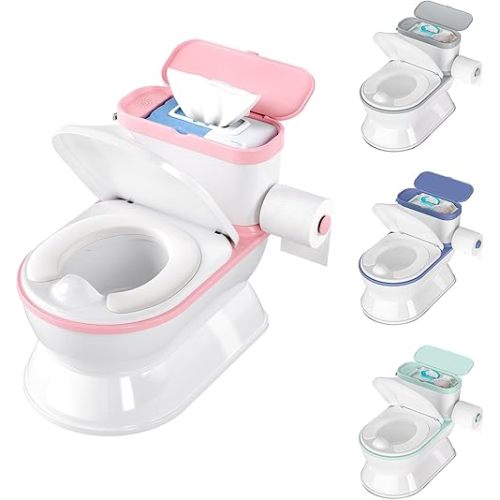 2-in-1 Toddler Potty Training Toilet - Larger Potty Chair & Detachable Training Seat for Boys & Girls Ages 1-3 with Flushing Sound, Wipes Storage, Toilet Paper Holder - Pink