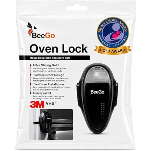 BeeGo® Oven Lock – Mom's Choice Awards® Gold | Child Safety Baby Proofing Lock for Oven, Stove & Microwave – Self-Adhesive, Heat-Resistant, No Drill, Easy Install (Black, Flat Surfaces Only)