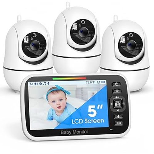 GoodBaby 5" Baby Monitor with 3 Cameras and Audio, No WiFi Secure Camera, 30-Hour Battery, Remote PTZ, Auto Night Vision, Room Temperature, Two-Way Audio，Lullabies，960 ft Range