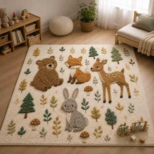 Woodland Animal Hand Tufted Nursery Rug | Forest Theme Playroom Kids Room Fox Bunni Rug