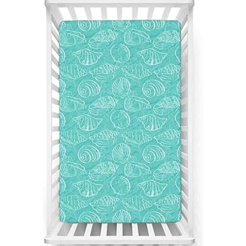 Sea Shells Themed Fitted Crib Sheet,Standard Crib Mattress Fitted Sheet Soft Toddler Mattress Sheet Fitted-Baby Crib Sheets for Girl or Boy,28“ x52“,Seafoam White