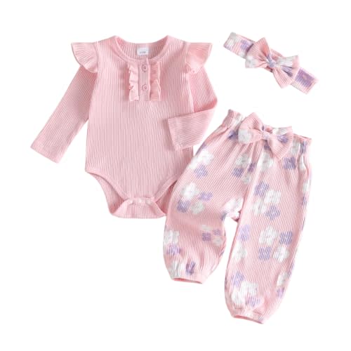 Newborn Baby Girl 3pcs Outfit Set Ribbed Bodysuit Floral Bow Jogger Pants | Baby Girl Clothes 0 3 6 9 12 Months,Fall Infant Clothes Ruffle Sleeve Fall Winter Romper, Floral Pants& Matching Bow Headband