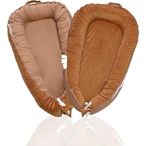 Baby Lounger Softbless for Newborn, 100% Cotton Infant Lounger, Portable Baby Nest Lounger Girl Boy 0-24 Months (Brown)