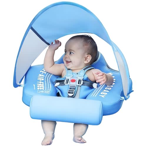 Mambobaby Float with Tail and Canopy Non-Inflatable Baby Swim Float Mambo Float Smart Swim Trainer Infant Swim Pool Float Swim Ring for 3-24months Girls Boys