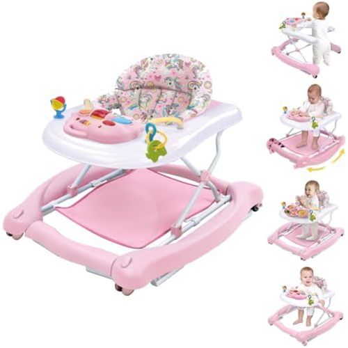 5 in 1 Foldable Baby Walker, Activity Baby Walker-Baby Bouncer, Rocker, Activity Center,Seat and Push Walker,Detachable Trampoline Mat, Adjustable Speed Rear Wheels and Height,Ages 6-18 Months(Pink)