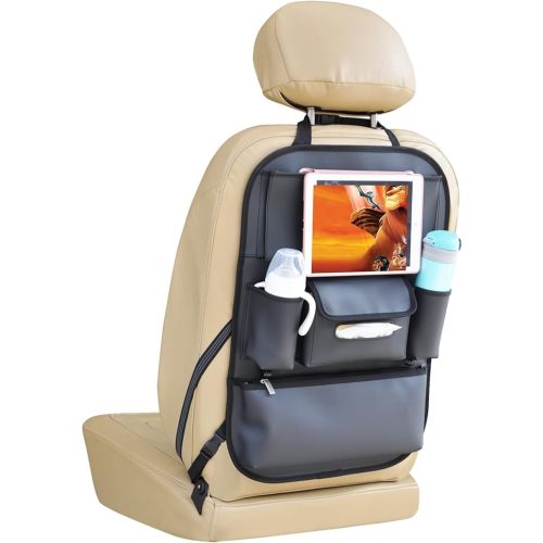 Car Seat Organizers Waterproof Backseat Protector with Storage Pocket Large Leather Kick Mats for Kids Pets Automobile SUV Truck (Black, Large Pocket)