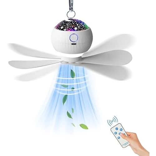 Portable Hanging Camping Fan with Star Projection,Rechargeable Tent Fan with light,Battery Operated Fans with Hanging Hook for Tent Car RV Hurricane Emergency Outages Survival Kit