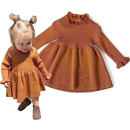 Simplee kids Toddler Dress Baby Girl Fall Dress Ribbed Knit Sweater Dress for 6M-5T
