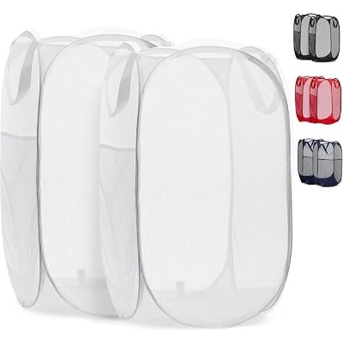 Handy Laundry Collapsible Mesh Pop Up Laundry Hamper 2-Pack, Wide Opening, Side Pocket, Space-Saving Foldable Basket for Clothes, Travel, Dorm, Kids Room, Breathable & Durable (White)