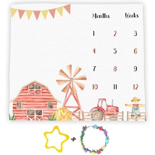 Farm Theme Baby Monthly Milestone Blanket, 48x40in Soft Flannel, Tractor and Barn Backgrounds, Newborn Mom Gifts, Baby Shower Age Growth Tracker with Bonus Maker BTWYFS76