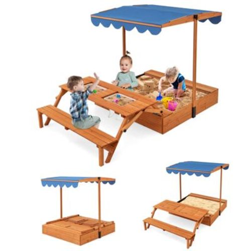 Costway Wooden Sandbox with Lid Cover Kids Outdoor Play Equipment Gift for Ages 3+
