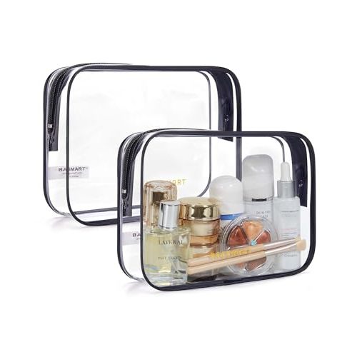 BAGSMART Clear Toiletry Bag, 2 Pack TSA Approved Travel Toiletry Bag Carry on Travel Accessories Bag Airport Airline Quart Size Bags Water Repellent Makeup Cosmetic Bag for Women (Black-2pcs)
