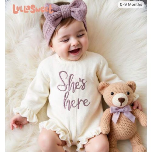 SHEIN 2Pcs Set Dusty Pink "She's Here" Embroidery Knitting Newborn Photography Outfits With Matching Bow Headband Knitted Baby Girl Bodysuit Infant 1 Month 100 Days Photoshooting Props Fall Winter | SHEIN USA