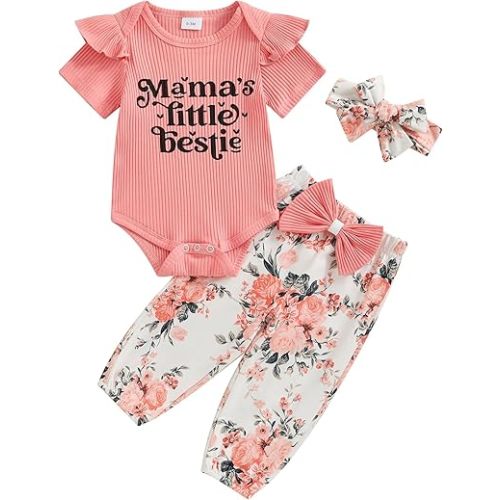 Adobabirl Newborn Baby Girl Clothes Short Sleeve Ribbed Romper Onesie Bowknot Floral Pants Headband 3Pcs Clothing Set