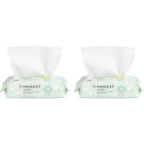 The Honest Company 100% Pure Organic Cotton Dry Wipes | Multi-Use Disposable Facial Cloth and Baby Wipe | Hypoallergenic and Gentle on Skin | 96 Count (2 Packs of 48)