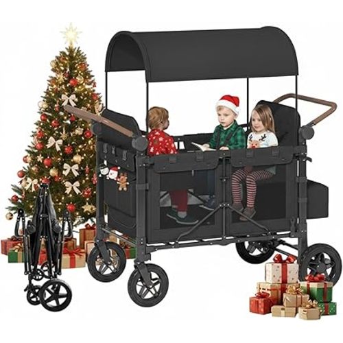 4 Seater Wagon Stroller,Foldable Stroller with Safety Belt, Puncture-Proof Tires, All-Terrain Wagon with 360° Swivel Lockable Wheels, Large Storage Bag, Canopy,23 * 35 * 42in.
