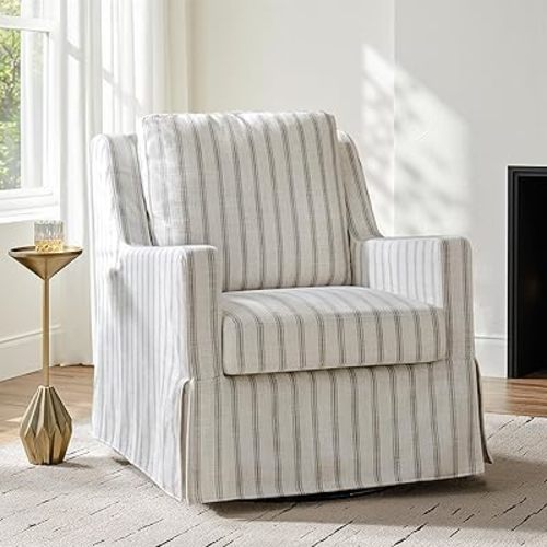HULALA HOME Swivel Rocker Chair, Farmhouse Swivel Rocking Accent Chair with Washable Slipcover, Striped Fabric Barrel Armchair with Down Filled Cushions, Grey
