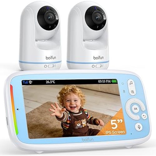 360 View Baby Monitor, No Wi-Fi, Quick Pairing, Boifun 5'' 3X Zoom Display, Rotatable Video Baby Monitor Cameras, IPS 720p Wireless (Moniteur Bébé), VOX