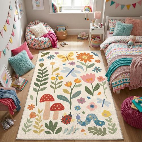 Kids Nature Rug, Mushroom Butterfly Floral Nursery Print, Colorful Woodland Playroom Decor