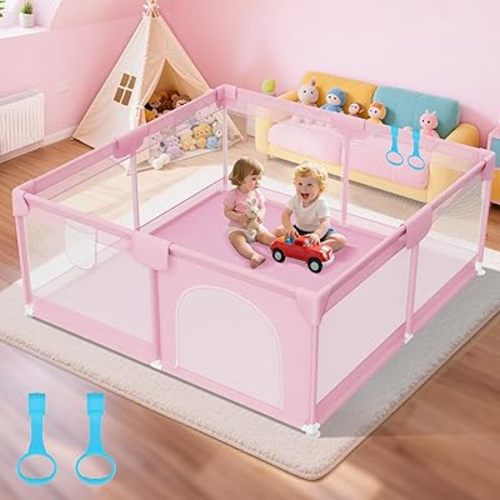 Deeteck 64" X 64" Sturdy Baby Playpen - Large Baby Playpen Playard for Babies and Toddlers with Anti-Slip Suckers - Safety Play Yard with Anti-Collision Cloths Cover Corner,Pink